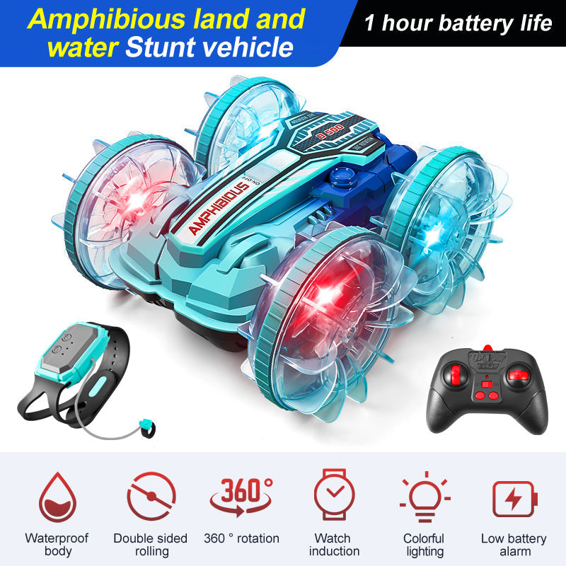 Colorful light wheel double-sided stunt amphibious remote control car watch dual control four-wheel drive power - Korvel
