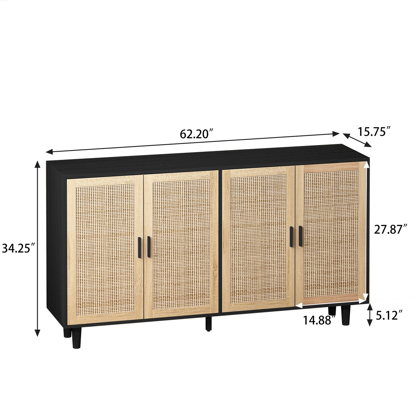 62.20"Elegant and Functional 4-Door Rattan Decorative Storage Cabinet,for Bedroom,Living Room,Office,Easy Assembly,Black - Korvel