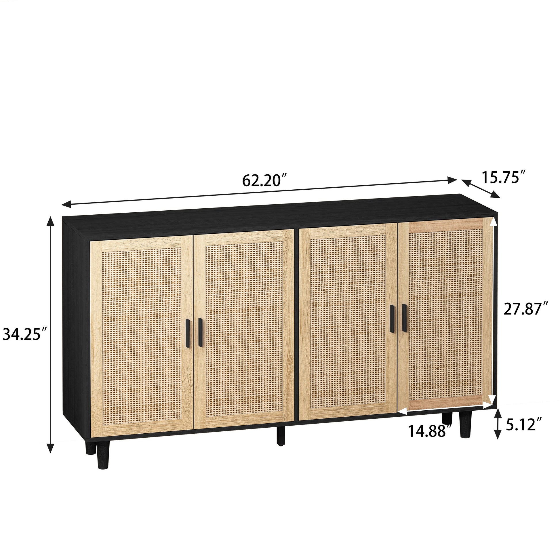 62.20"Elegant and Functional 4-Door Rattan Decorative Storage Cabinet,for Bedroom,Living Room,Office,Easy Assembly,Black - Korvel