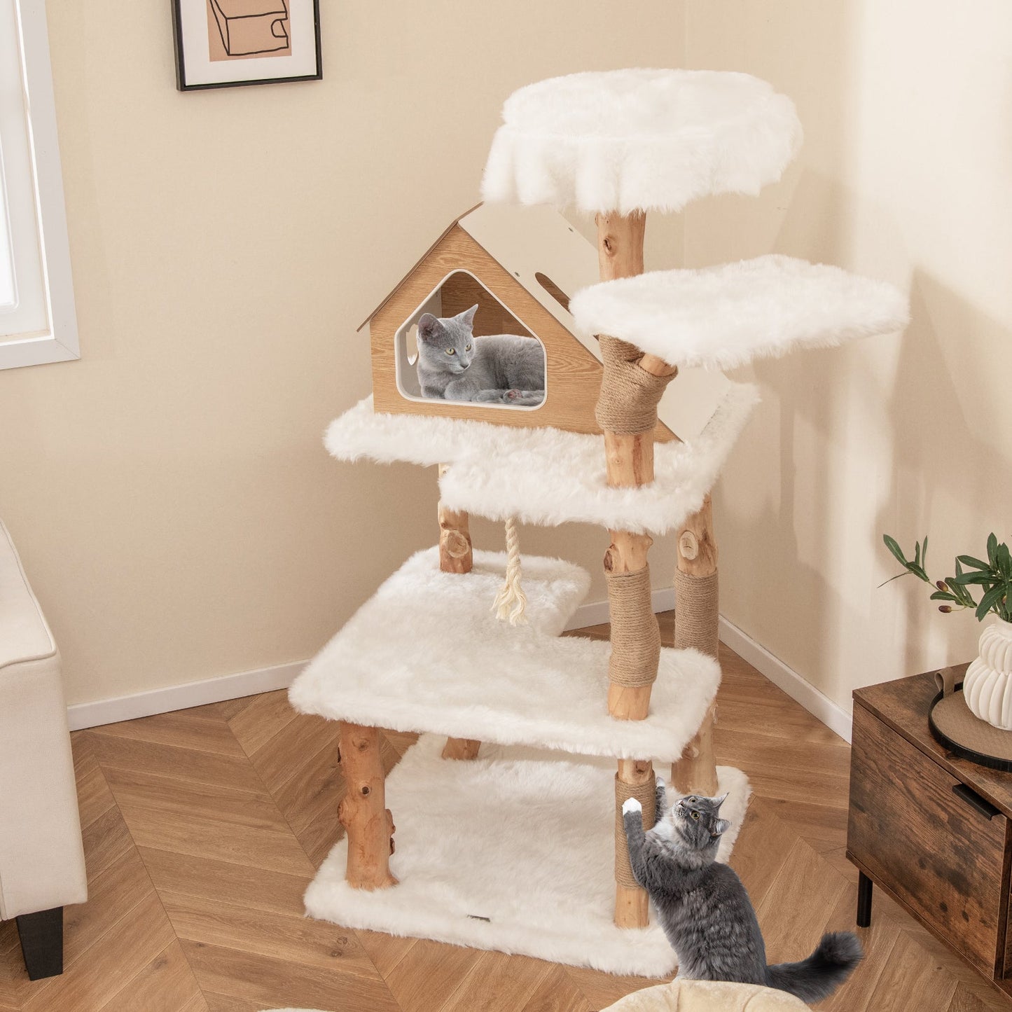 Árbol para Gatos de Madera Sólida de 60 Pulgadas con 2 Perchas - Blanco