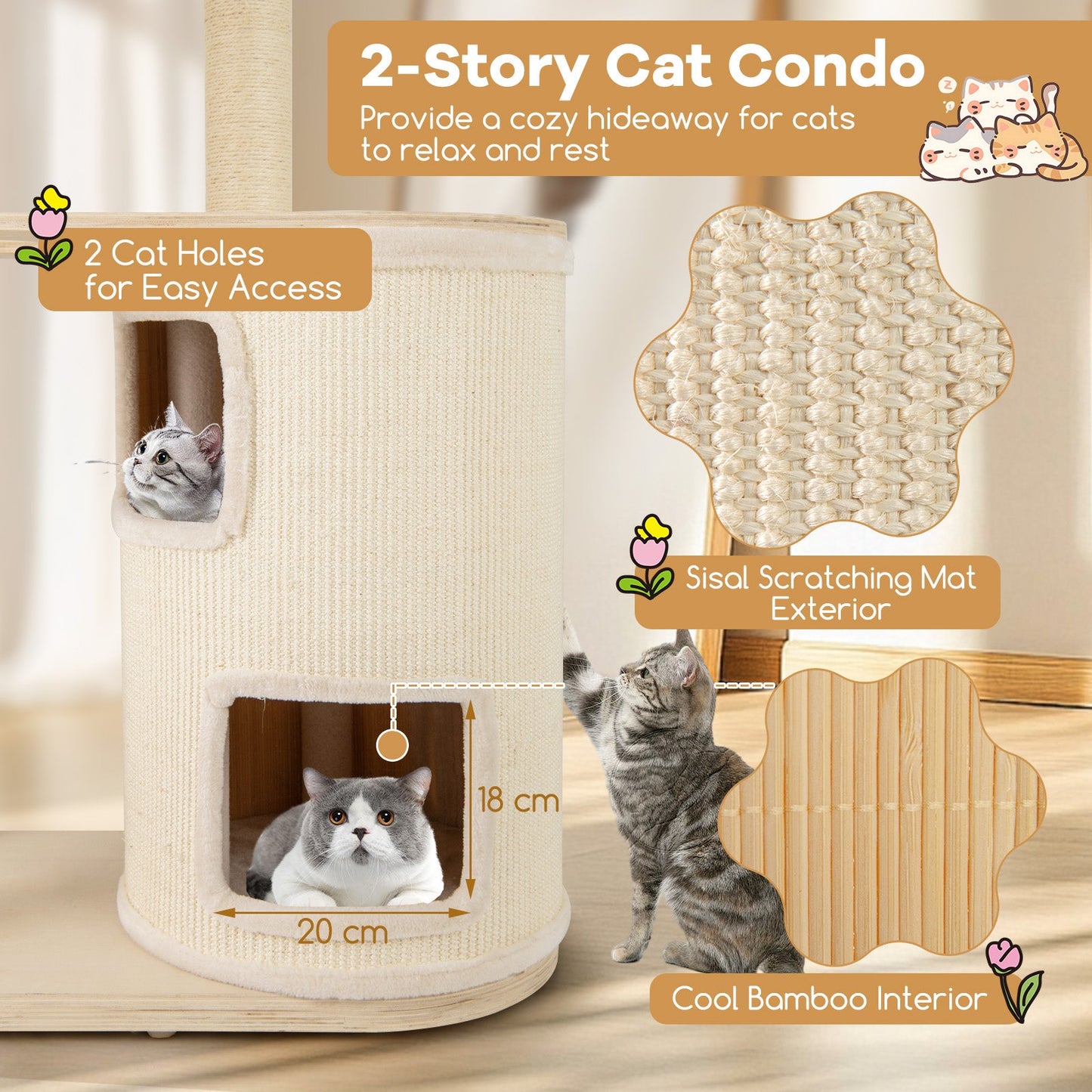 60-Inch Cat Tree with 2-Story Condo and Scratching Posts