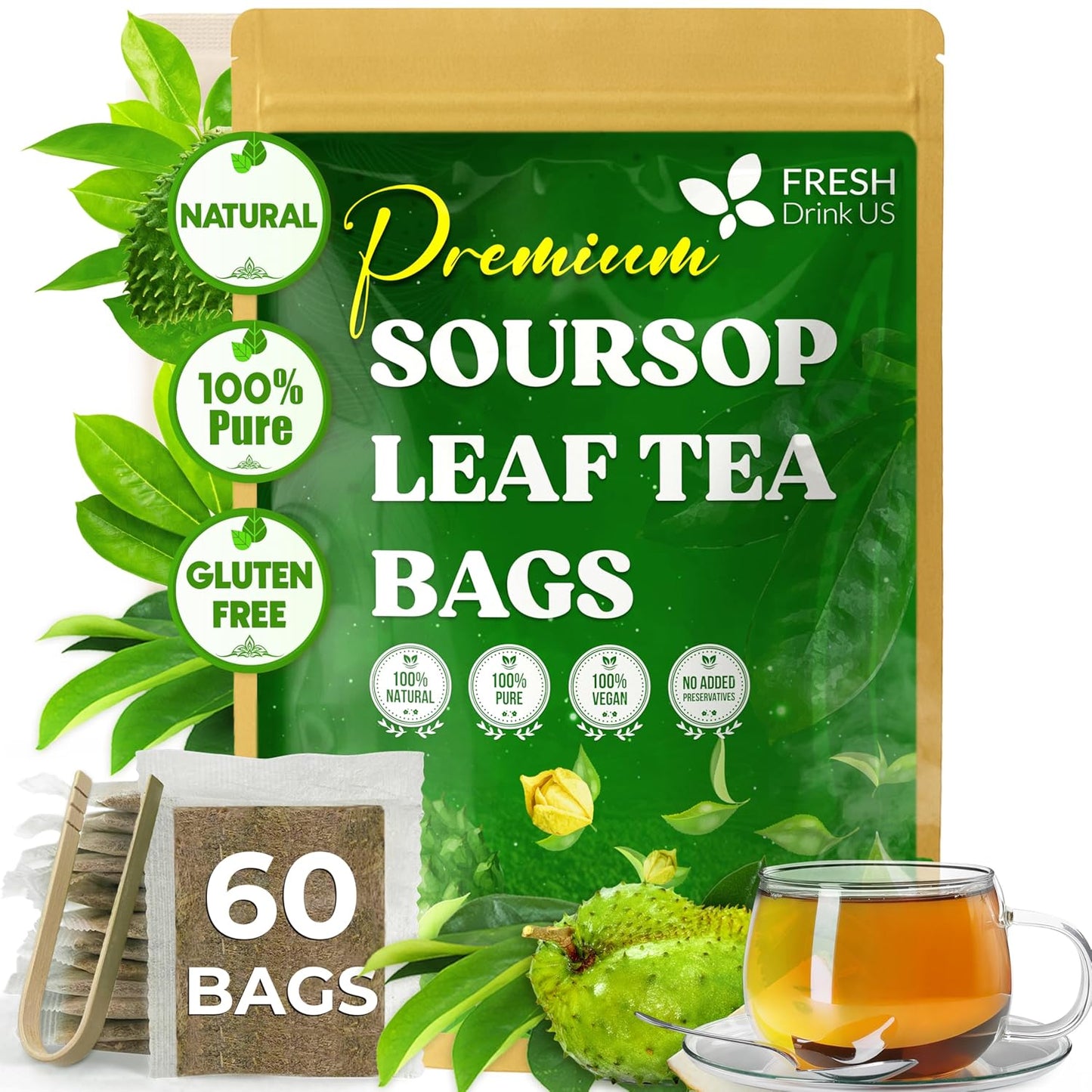 Bolsitas de té de hojas de guanábana premium, hojas de guanábana secas, polvo de hojas de guanábana, té de hojas de guanábana, té de hoja guanábana