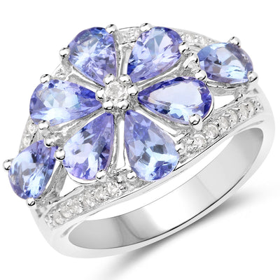 Bague en argent sterling avec tanzanite véritable de 3,24 carats et topaze blanche
