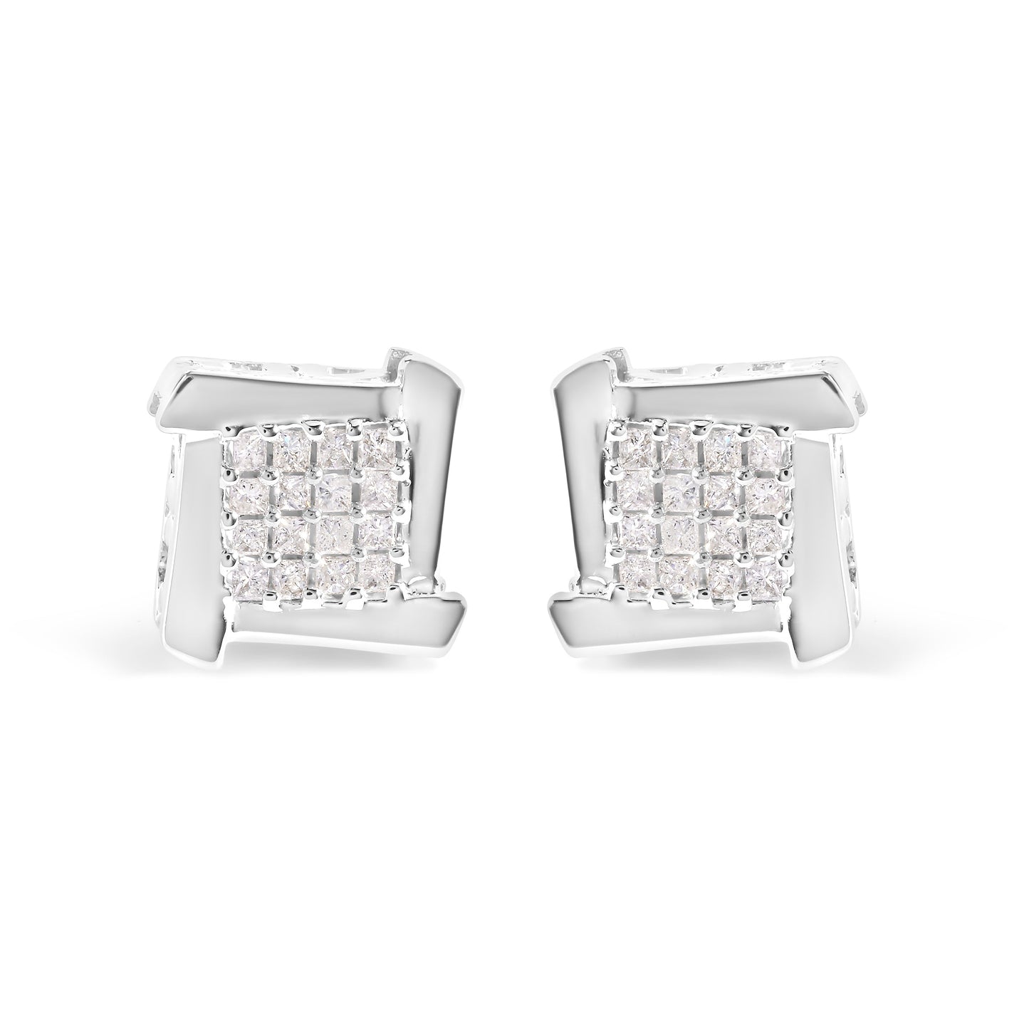 10K White Gold 1/2 Cttw Princess Diamond Square and Swirl Stud Earrings