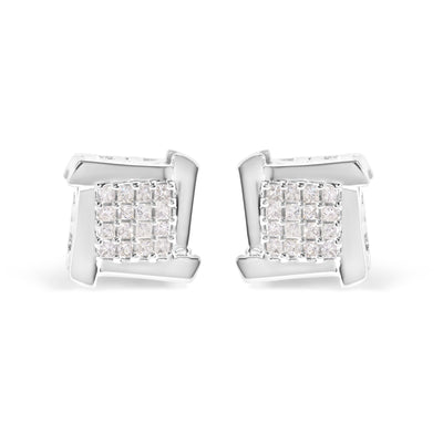 10K White Gold 1/2 Cttw Princess Diamond Square and Swirl Stud Earrings