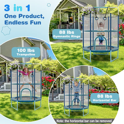 60 Inch Trampoline with Gymnastic Bar and Rings for Kids - Blue