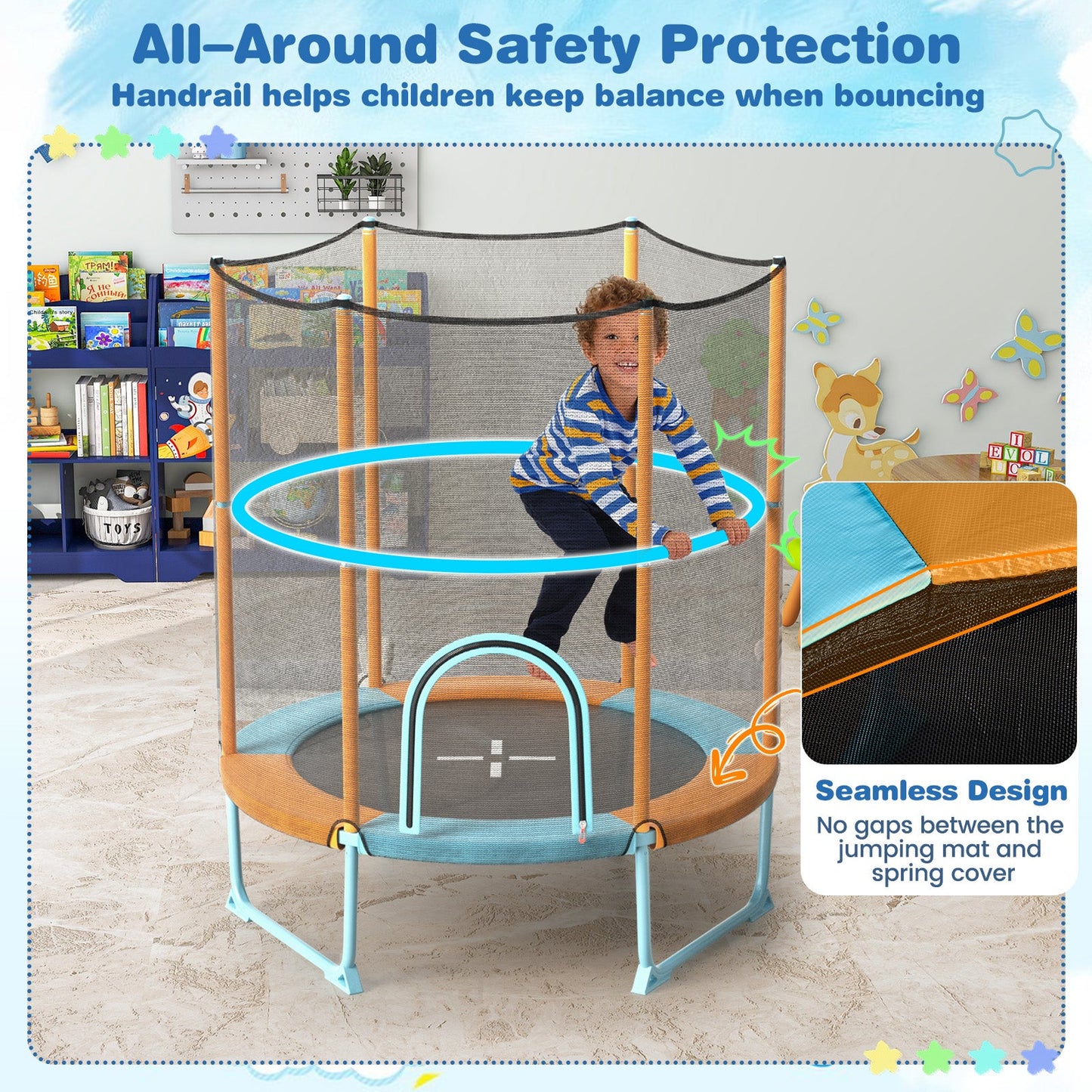 Trampoline de 60 pouces avec barre de gymnastique et anneaux pour enfants - Orange