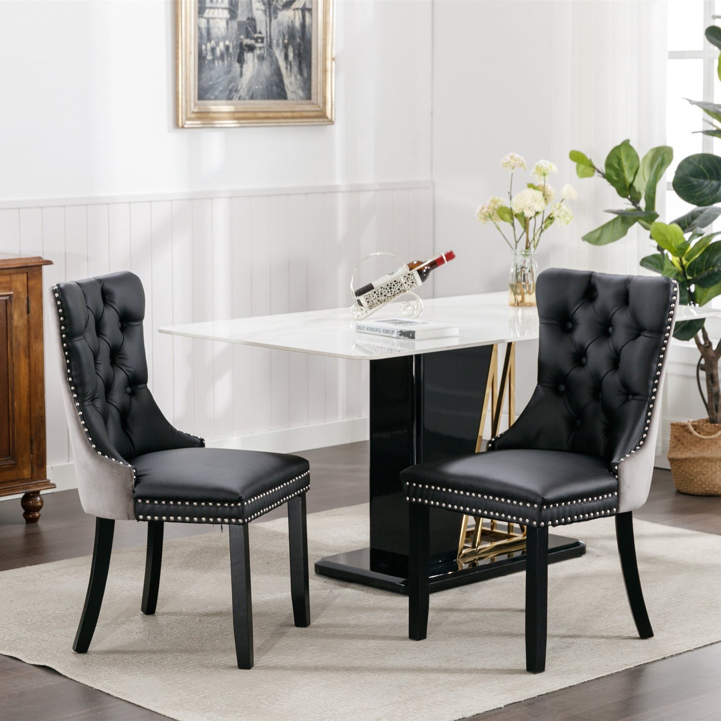 Tufted Solid Wood Contemporary PU and Velvet Upholstered Dining Chair with Wood Legs Nailhead Trim 2-Pcs Set Black+Gray - Korvel