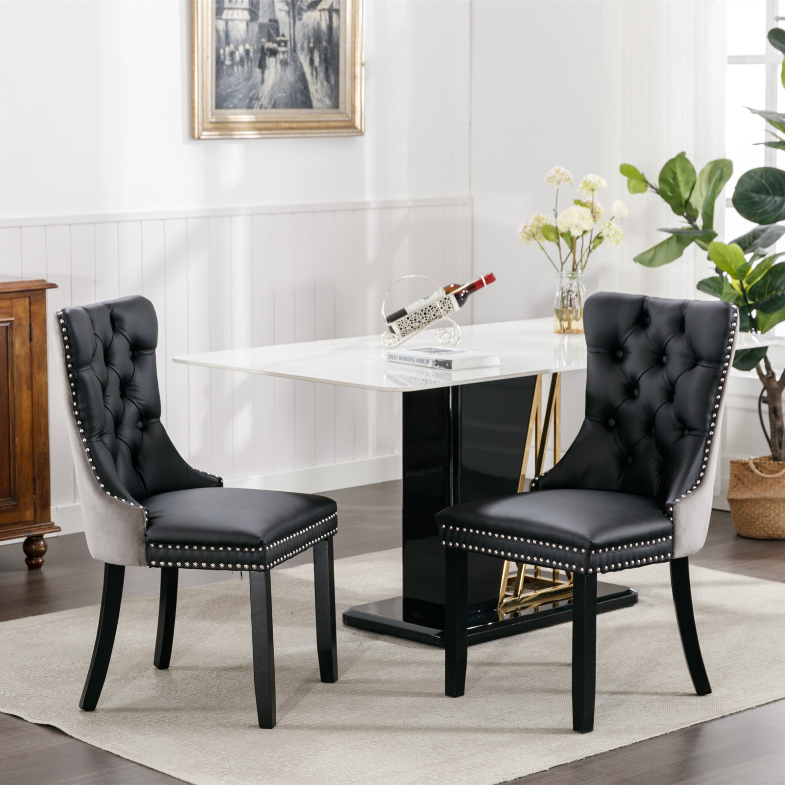 Tufted Solid Wood Contemporary PU and Velvet Upholstered Dining Chair with Wood Legs Nailhead Trim 2-Pcs Set Black+Gray - Korvel