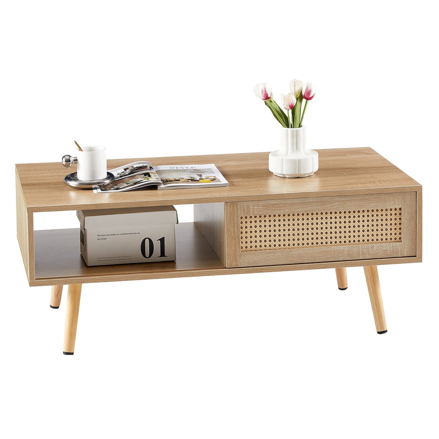 41.34" Modern Rattan Coffee Table with Sliding Door Storage