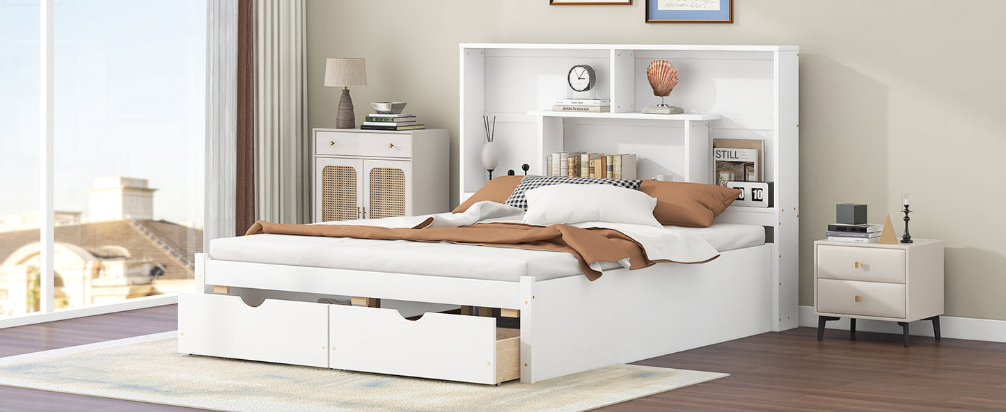 Elegant Queen Size Platform Bed with Storage Headboard, White