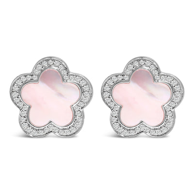 14K White Gold Mother of Pearl and Diamond Halo Star Stud Earrings
