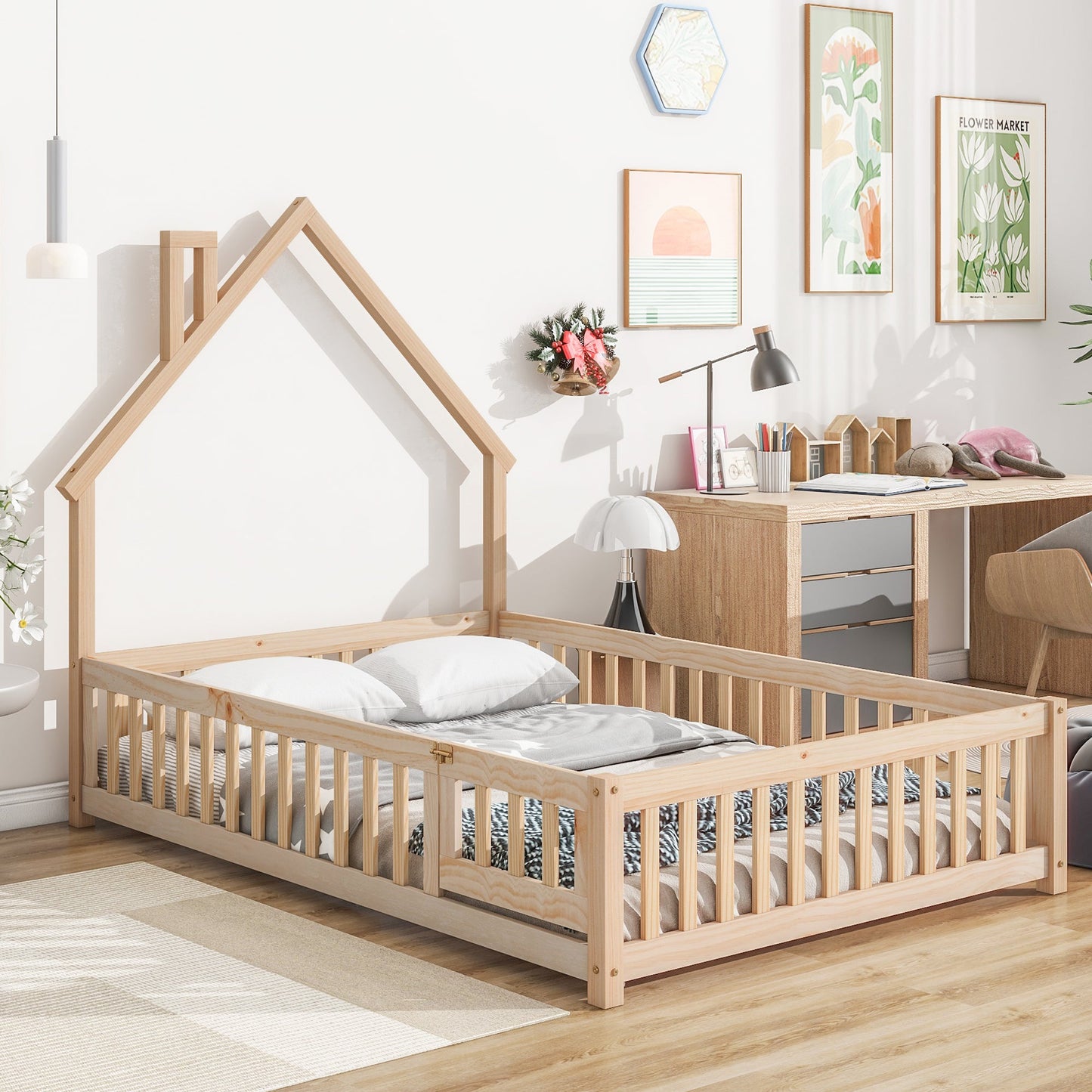 Full House-Shaped Headboard Floor Bed with Fence - Natural