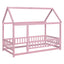 Twin Size Floor Wooden Bed with House Roof Frame, Fence Guardrails,Pink - Korvel