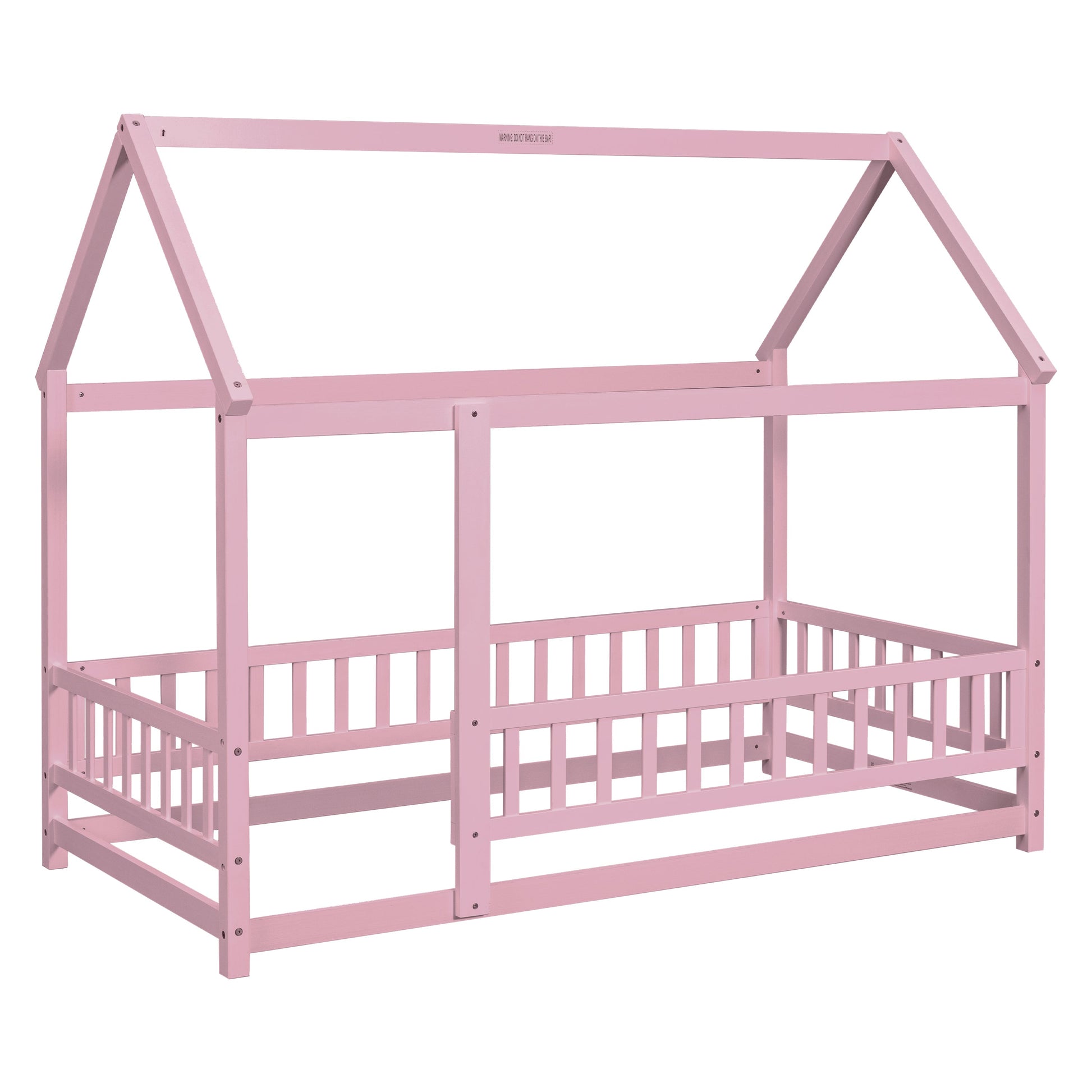 Twin Size Floor Wooden Bed with House Roof Frame, Fence Guardrails,Pink - Korvel