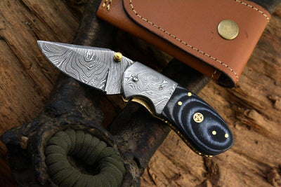 Artisan Crafted Damascus Steel EDC Compact Folding Knife with Micarta Handle & Leather Sheath by KBS Knives Store - Korvel
