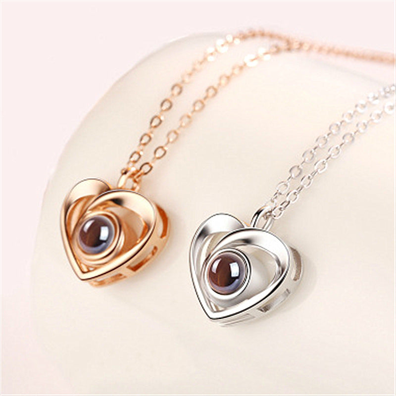 Silver Love Heart shaped Projection Pendant Necklace in 100 Languages, I Love You Projection Pendant Clavicle Chain - Korvel