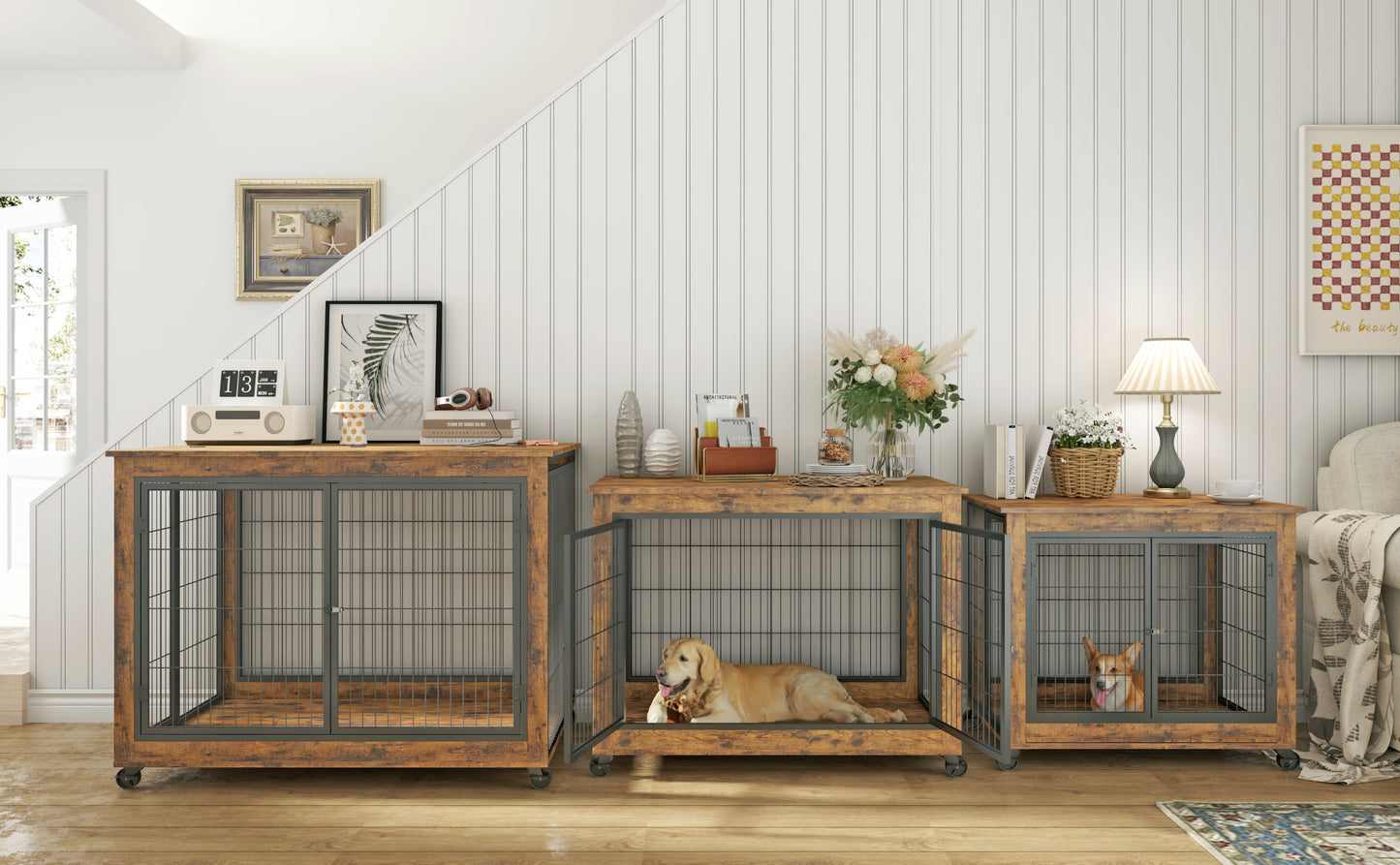 Rustic Brown Furniture Style Dog Crate Side Table on Wheels
