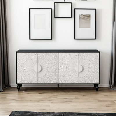Vintage White Large Faceted Carved Sideboard with Black Frames