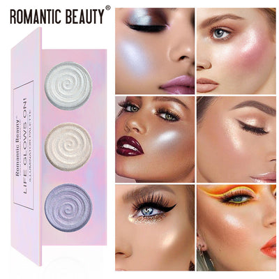 Romantic Beauty Tri-Color Baked Powder Highlighter Palette Pearl Glitter Highlighter Palette - Korvel