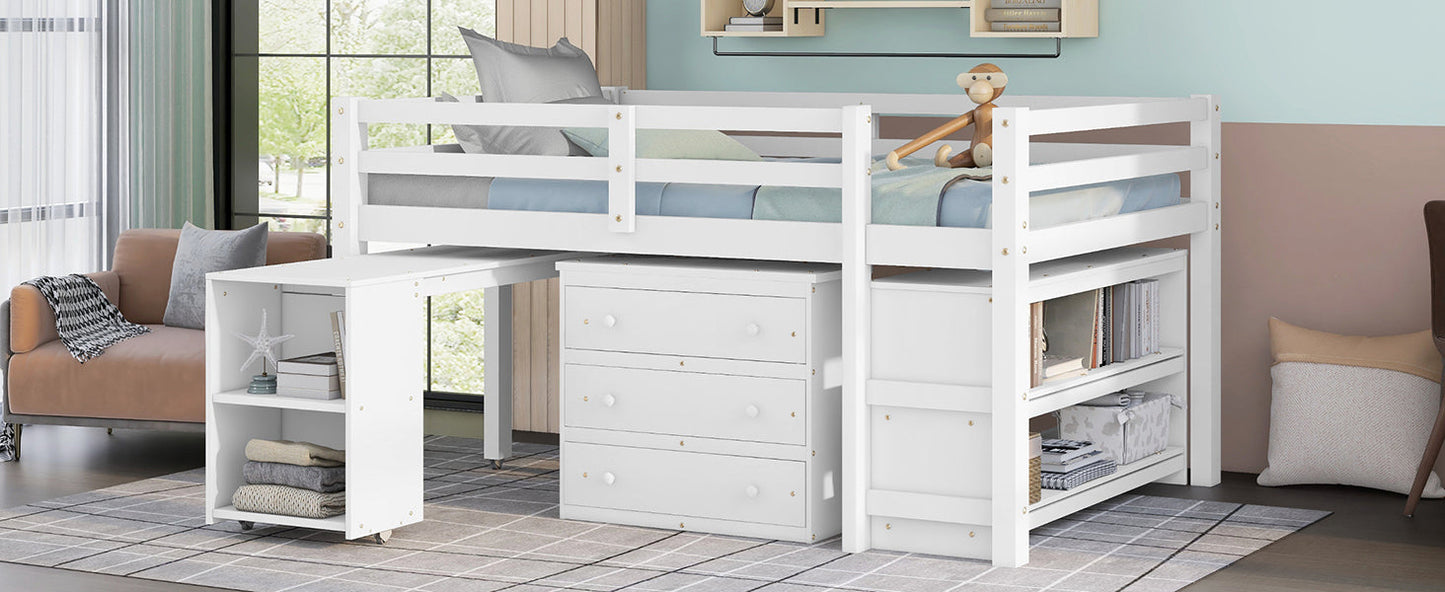 Low Study Full Loft Bed with Cabinet Shelves and Rolling Portable Desk Multiple Functions Bed- White - Korvel