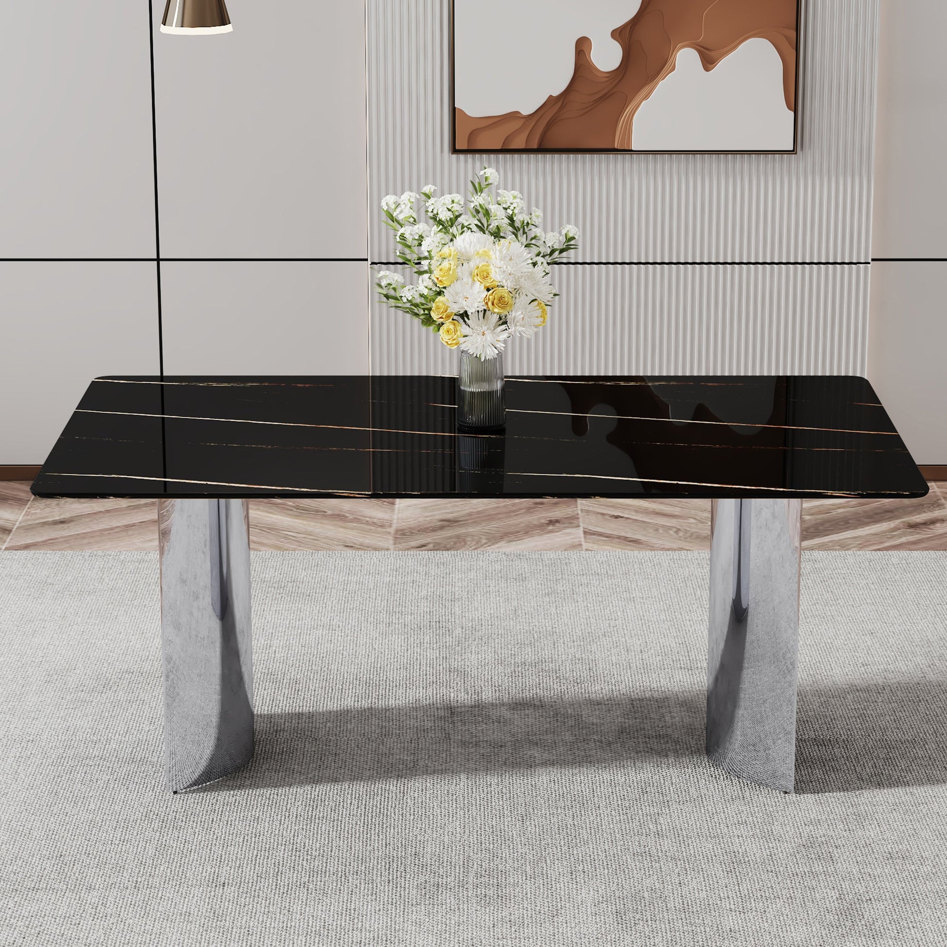 Modern minimalist dining table The black imitation marble glass desktop is equipped with silver metal legs - Korvel