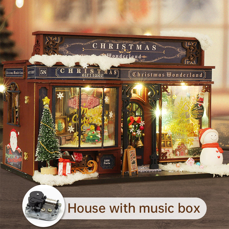 Maisons de poupées en bois DIY Joyeux Noël Wonderland avec lumière LED