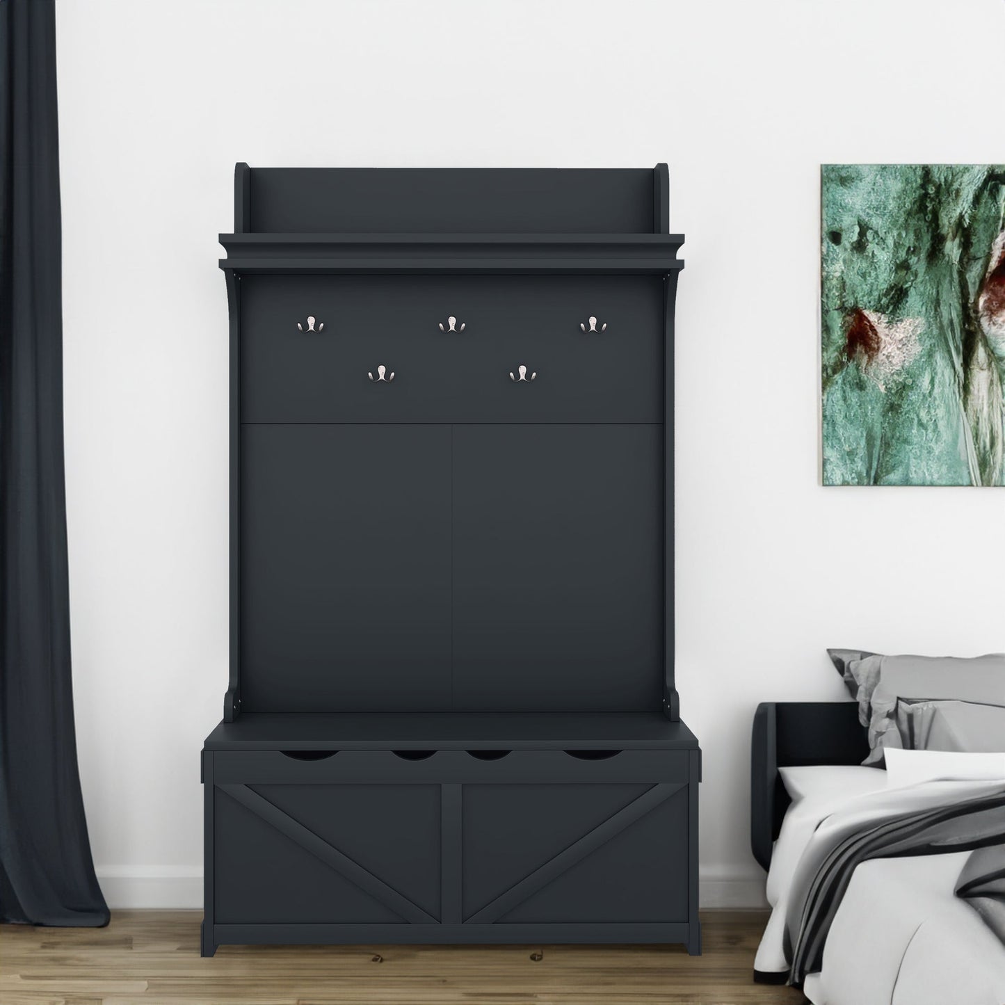 Hall tree with storage desk, entrance desk with drawers and 5 hooks, display rack, dark blue - Korvel