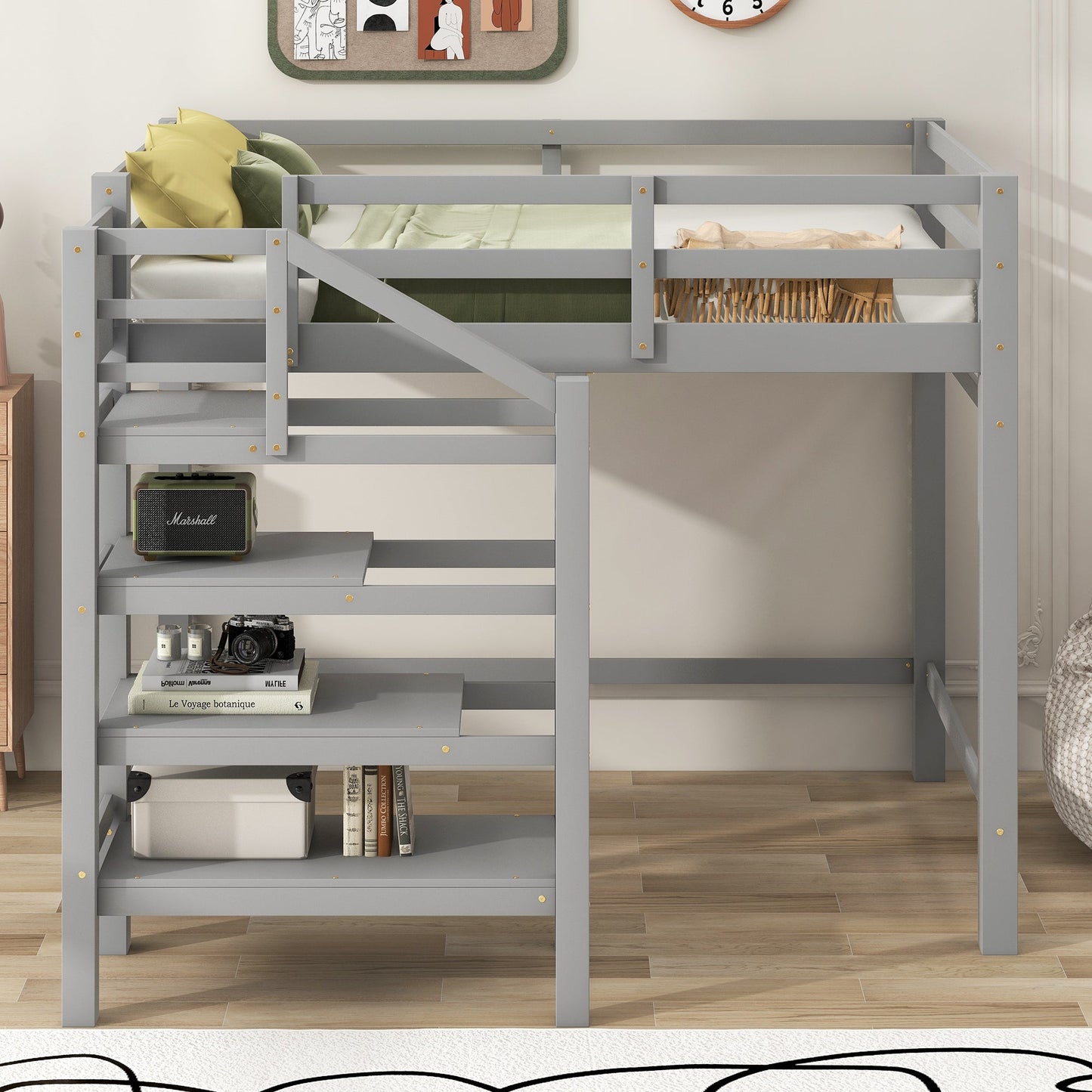Full Size Loft Bed with Built-in Storage Staircase and Hanger for Clothes, Gray - Korvel