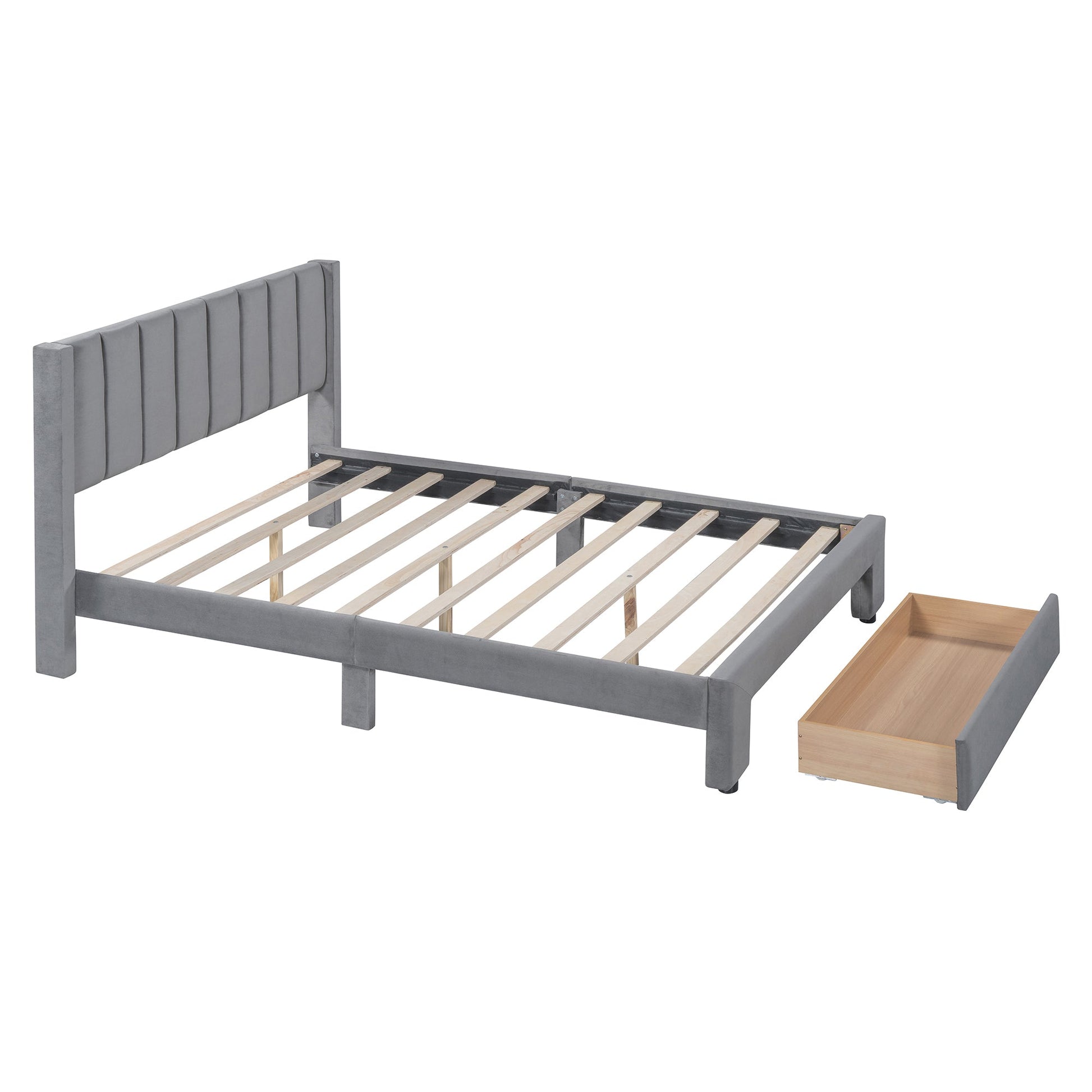 Full Size Storage Bed Velvet Upholstered Platform Bed with a Big Drawer - Gray - Korvel