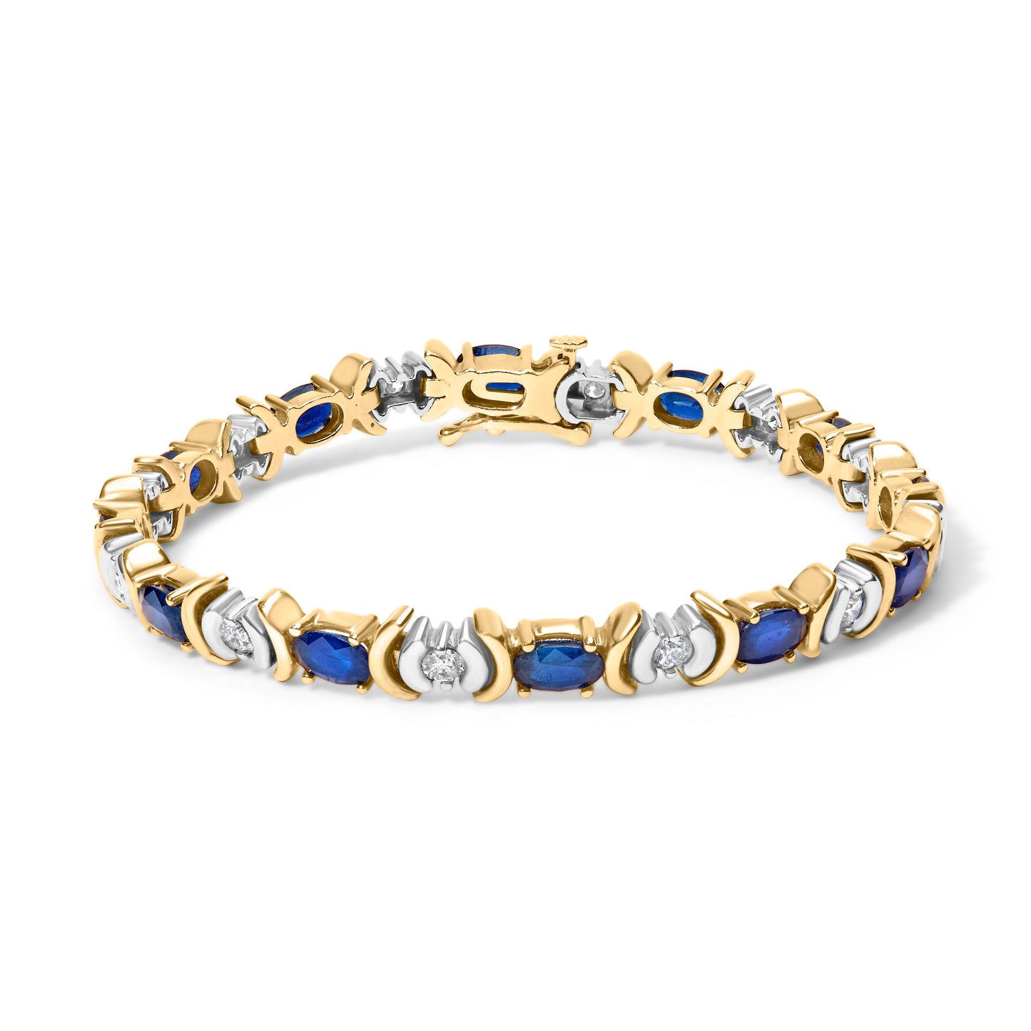 Pulsera de eslabones de diamante y zafiro azul de oro amarillo de 14K - 7 pulgadas
