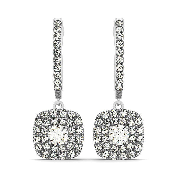Boucles d'oreilles en diamant coussin double halo en or blanc 14 carats