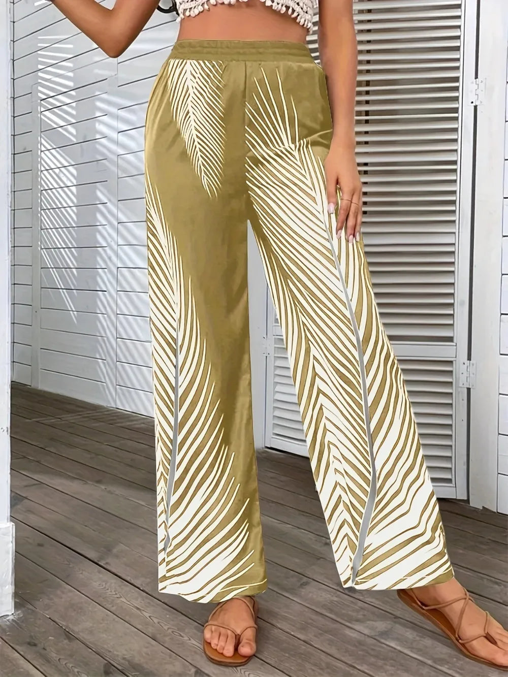 Elegant Striped Leaf Print Wide Leg Pants for Women