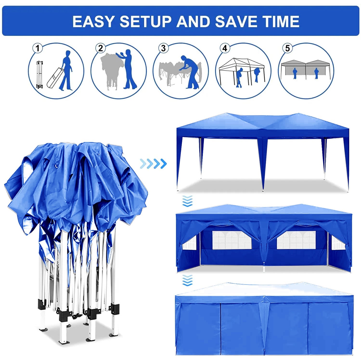 10'x20 'folding canopy with 6 detachable side walls outdoor activity shelters UPF 50+terrace portable tent (blue) - Korvel