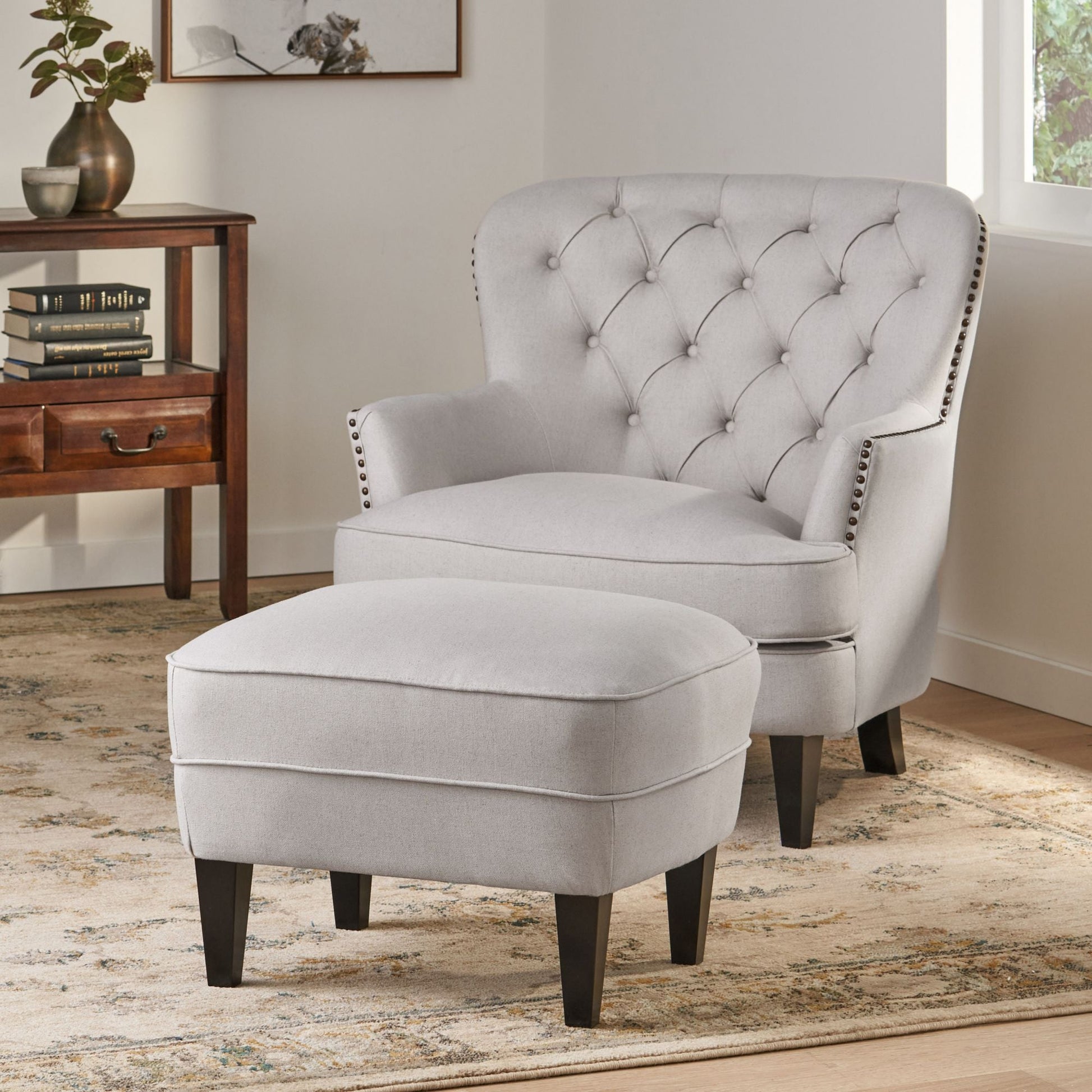 Modern light grey fabric club chair and Ottoman set, stylish cushioned armchair, paired with Ottoman style - Korvel