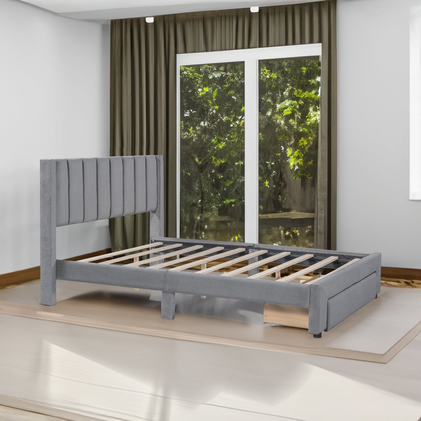 Full Size Storage Bed Velvet Upholstered Platform Bed with a Big Drawer - Gray - Korvel
