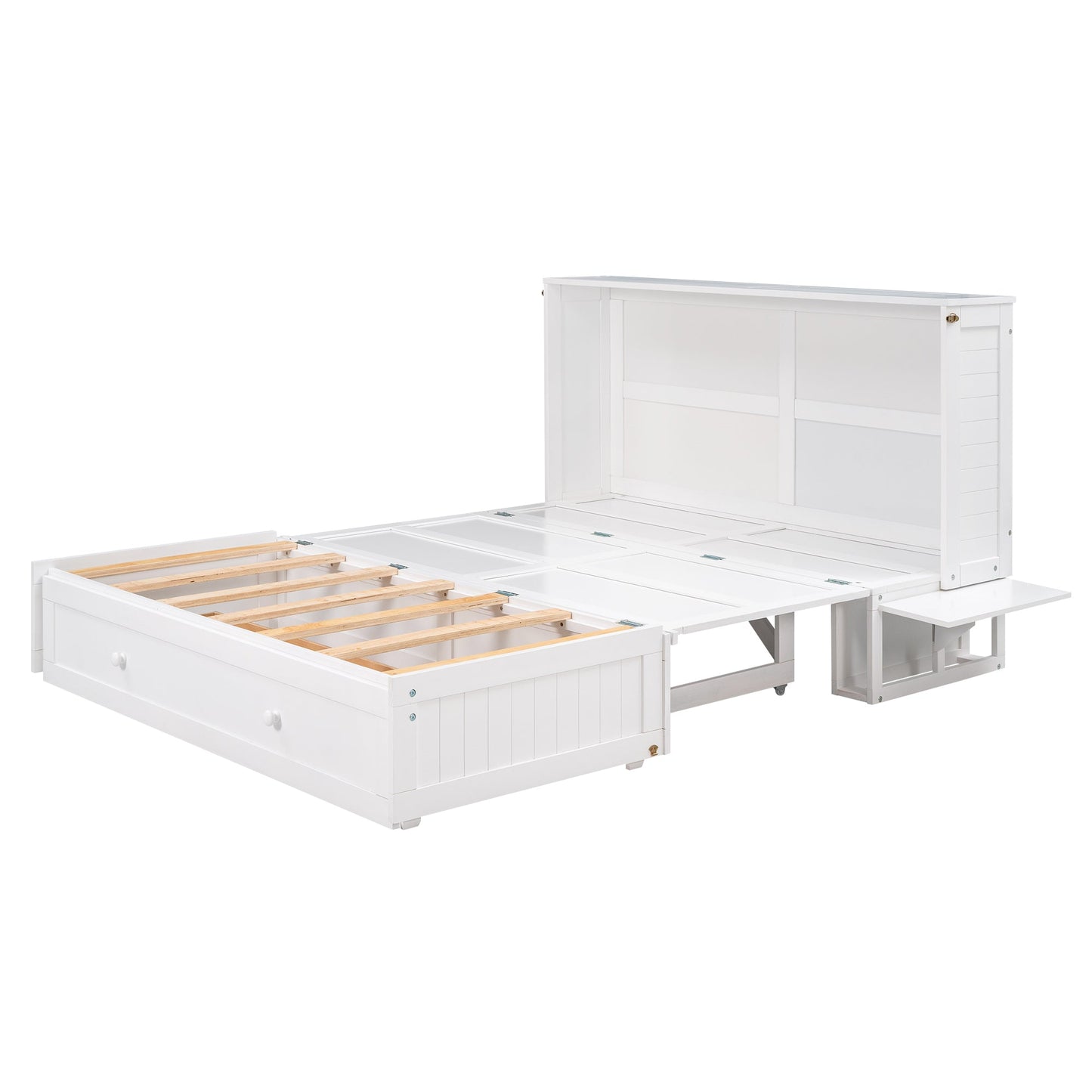 Queen Size Mobile Murphy Bed with Drawer and Little Shelves on Each Side White - Korvel
