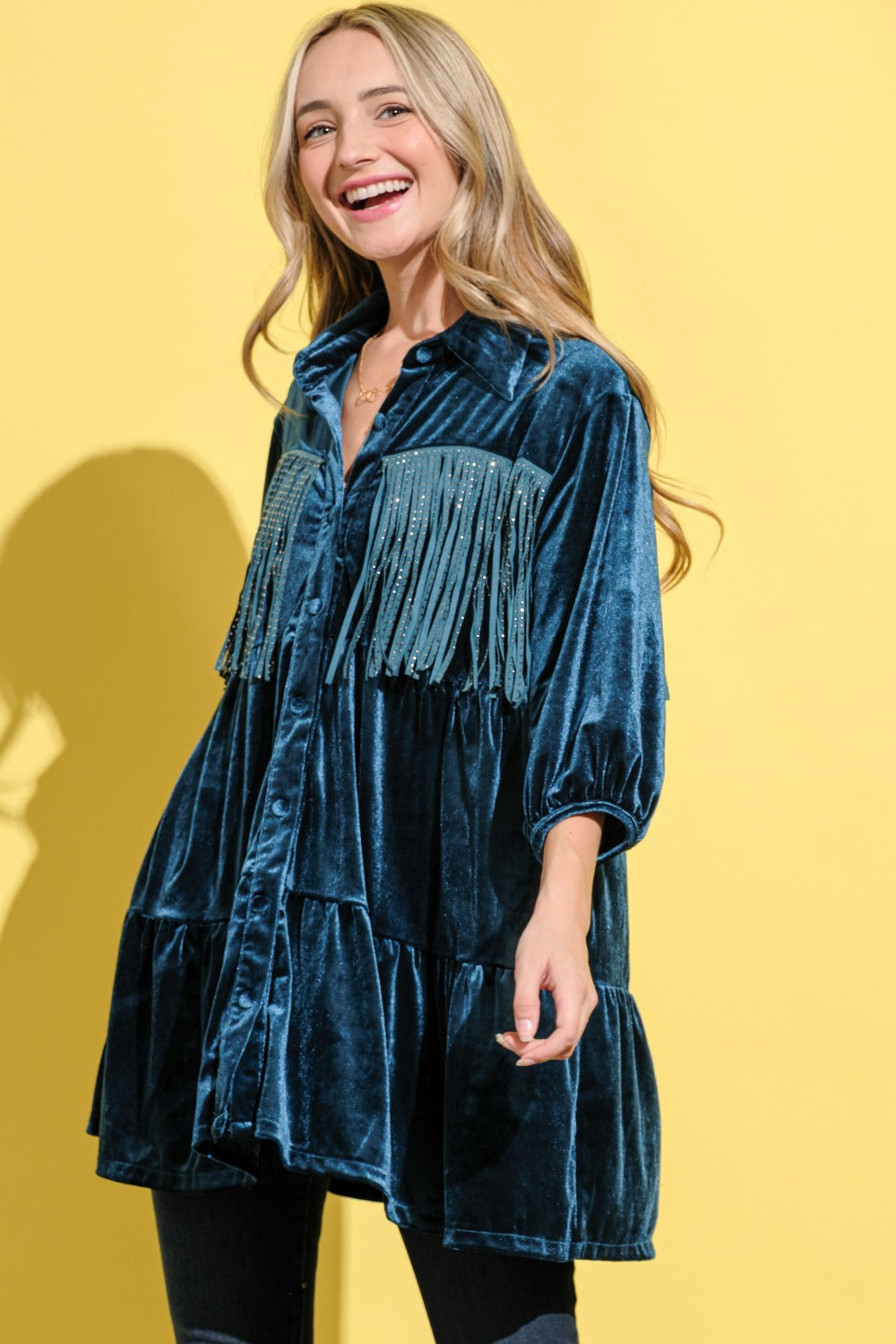 Robe Chemise en Velours Détail Frange