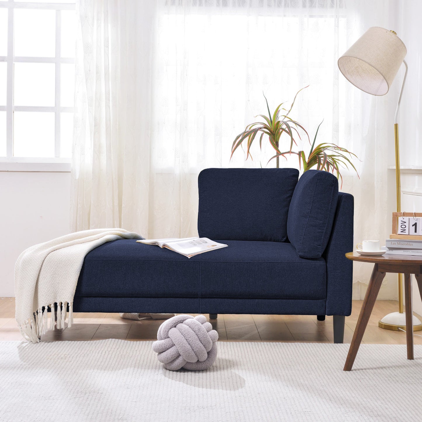 65" Mid-Century Modern Linen Fabric Corner Lounge Chair, Upholstered Indoor Chaise Lounge Solid Wood Sofa Bed for Bedroom - Korvel