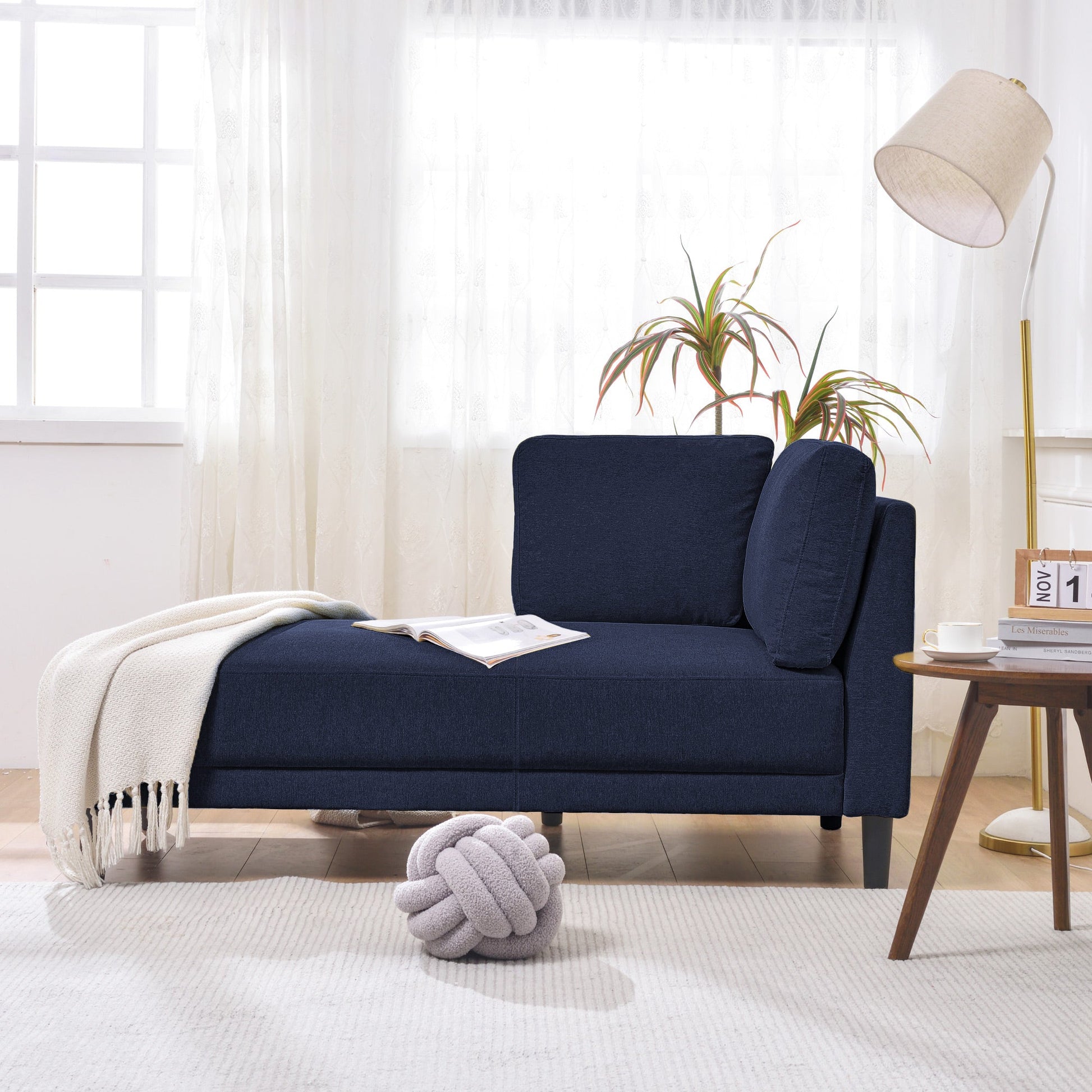 65" Mid-Century Modern Linen Fabric Corner Lounge Chair, Upholstered Indoor Chaise Lounge Solid Wood Sofa Bed for Bedroom - Korvel