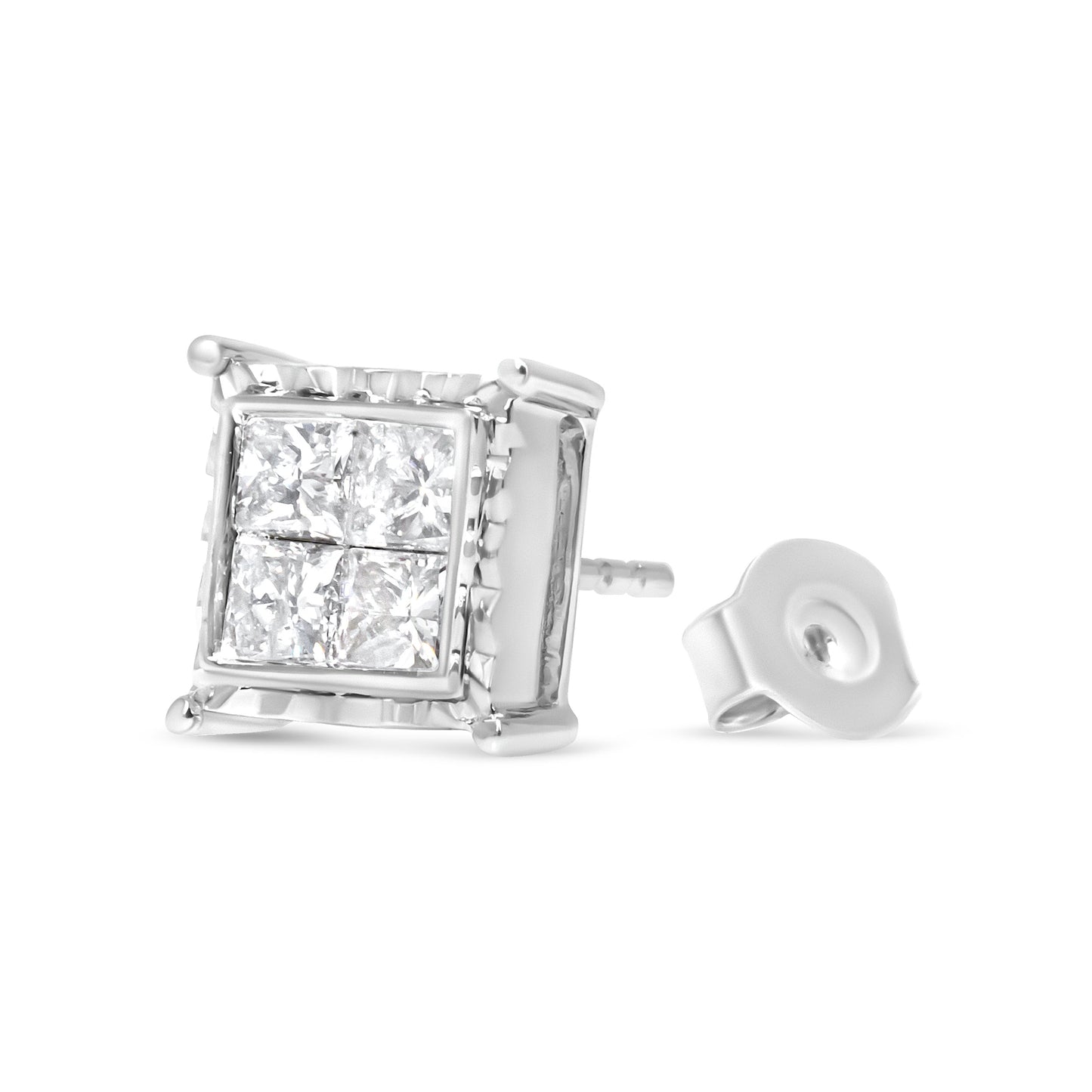 14K White Gold Princess-Cut Diamond Quad Stud Earrings