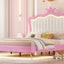 Full Size Upholstered Bed Frame with LED Lights, Modern Upholstered Princess Bed with Crown Headboard, Pink+White - Korvel