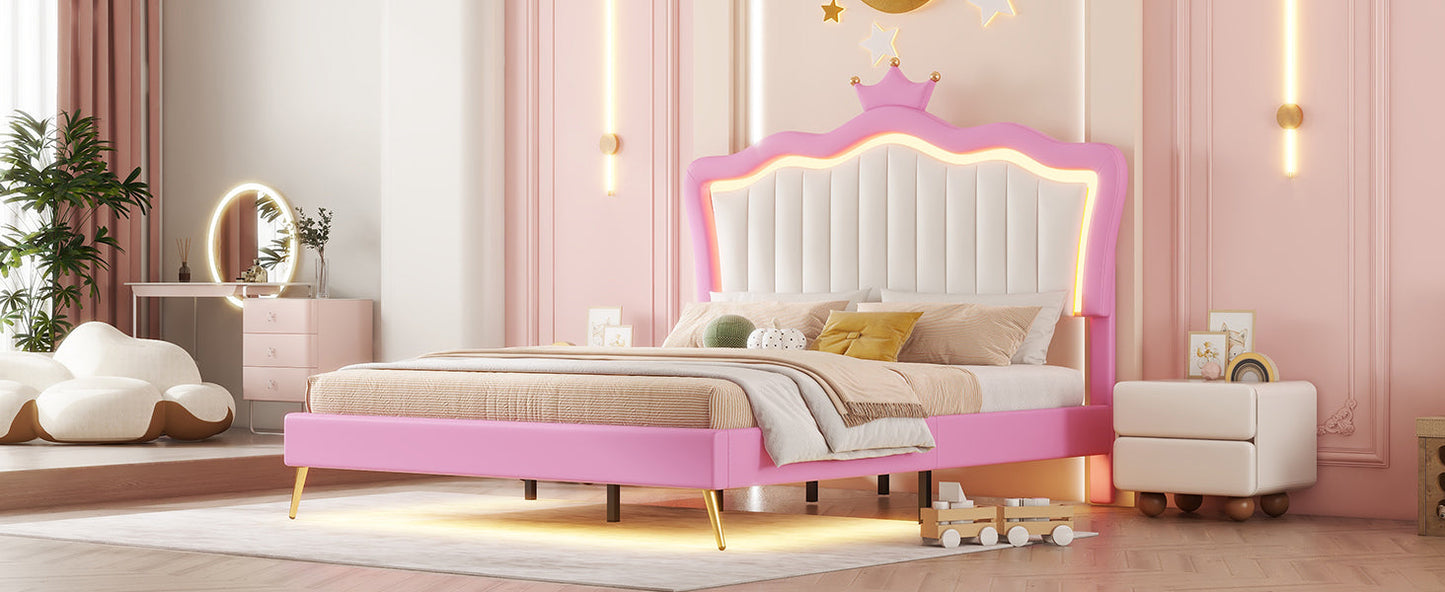 Full Size Upholstered Bed Frame with LED Lights, Modern Upholstered Princess Bed with Crown Headboard, Pink+White - Korvel