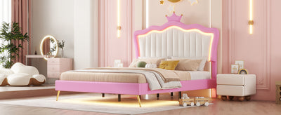Full Size Upholstered Bed Frame with LED Lights, Modern Upholstered Princess Bed with Crown Headboard, Pink+White - Korvel
