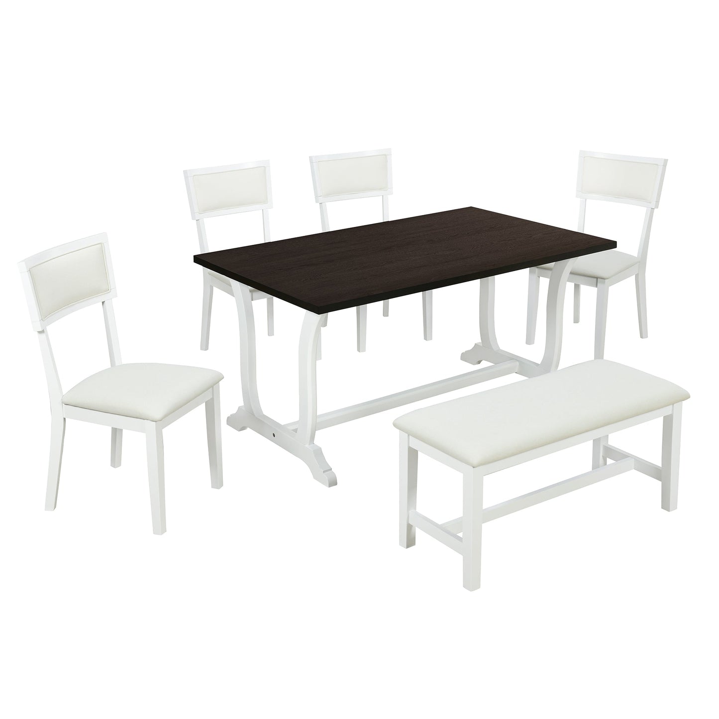 TOPMAX Farmhouse 6-Piece Trestle Dining Table Set with Upholstered Dining Chairs and Bench  59inch, White - Korvel