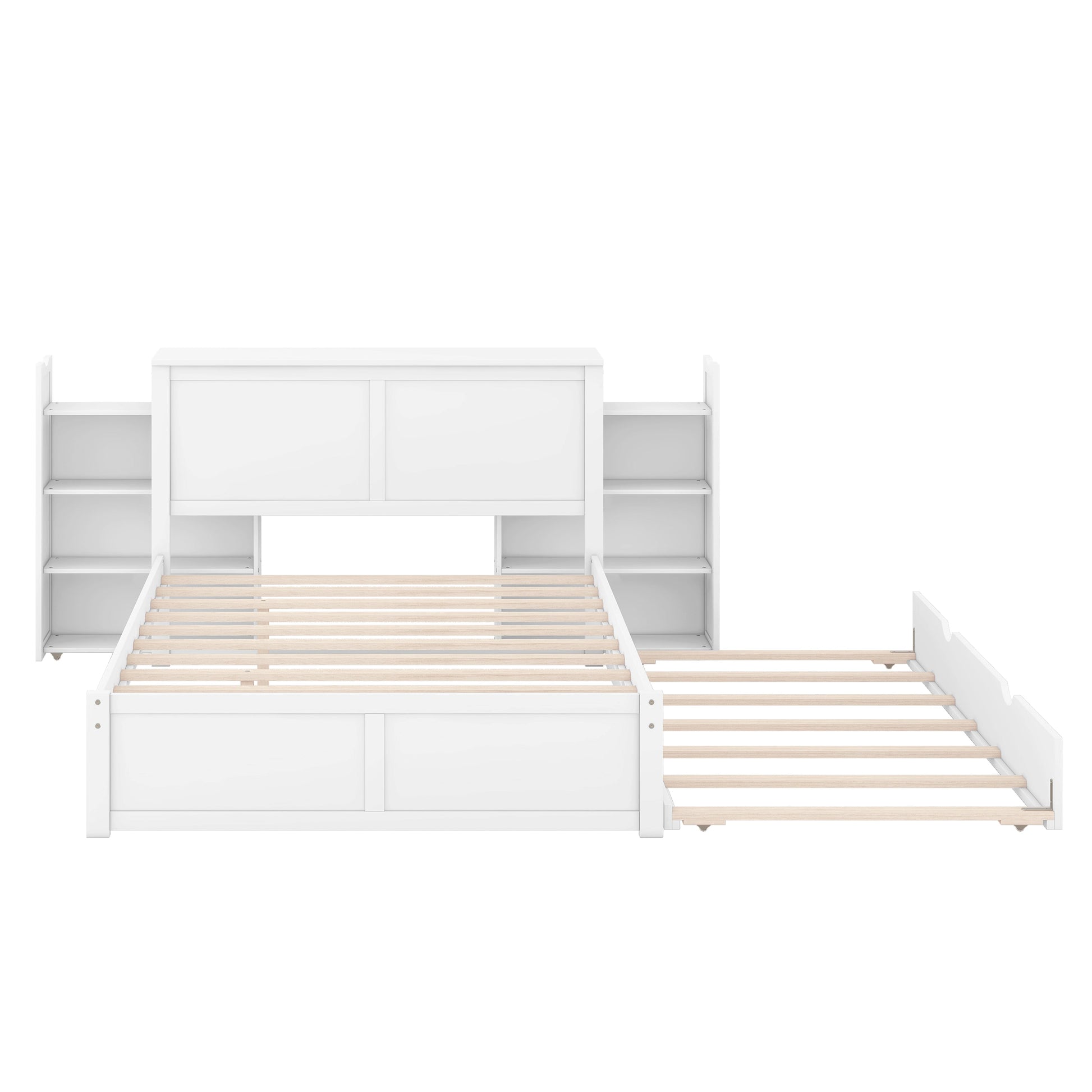 Full Size Storage Platform Bed with Pull Out Shelves and Twin Size Trundle, White - Korvel