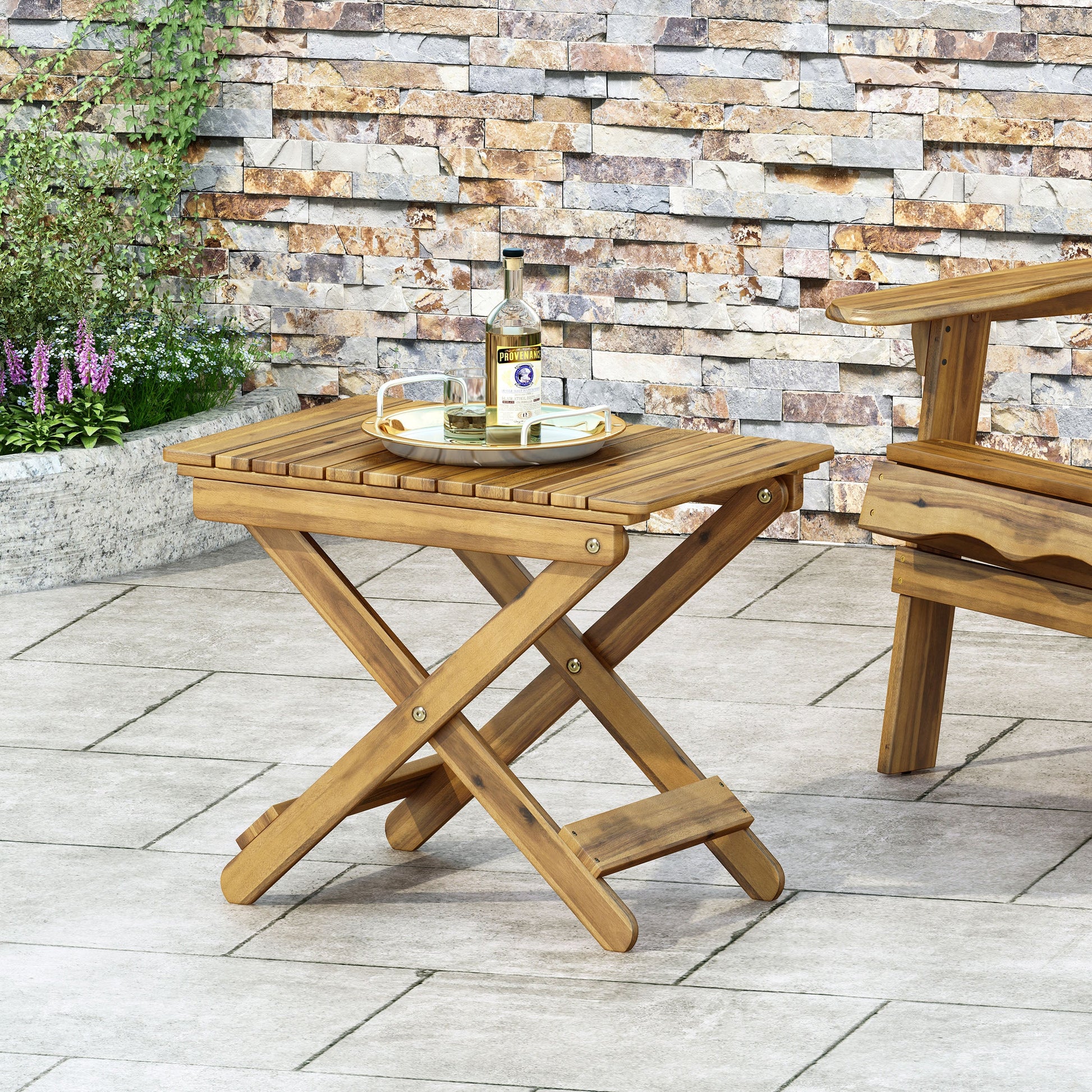 Outdoor Folding Wooden Side Table, Natural, 15"D x 22.75"W x 18.25"H - Korvel