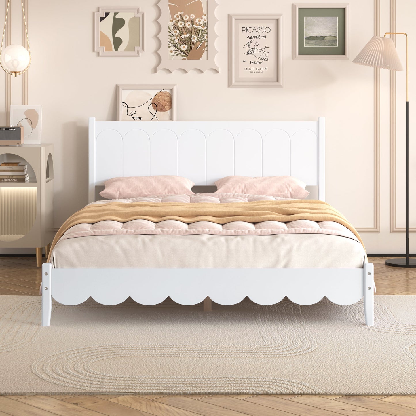 Queen Size Wood Platform Bed Frame, Retro Style Bed with Rectangular Headboard,No Need Box Spring,White - Korvel