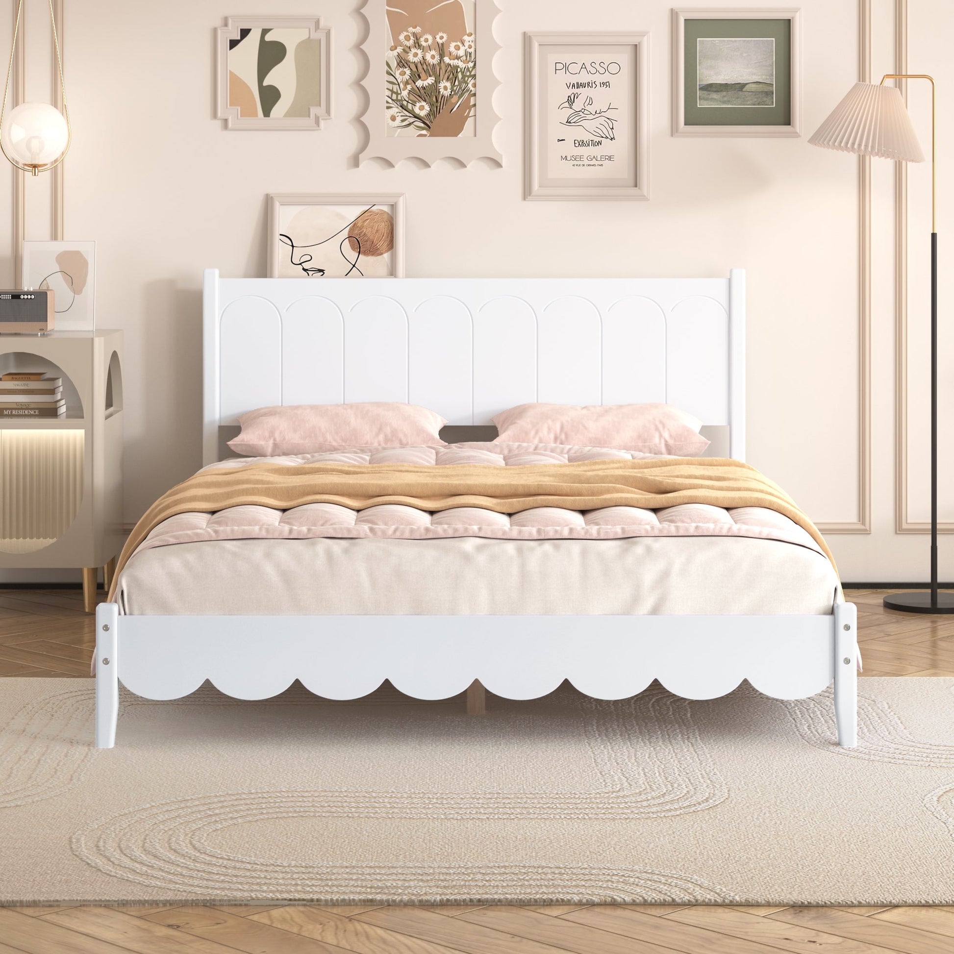 Queen Size Wood Platform Bed Frame, Retro Style Bed with Rectangular Headboard,No Need Box Spring,White - Korvel