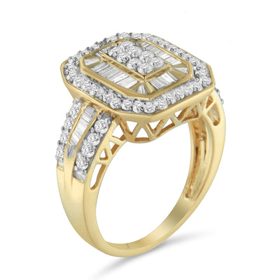 Anillo de cóctel vintage inspirado en doble halo de diamantes de oro amarillo de 10K - Talla 6-1/2